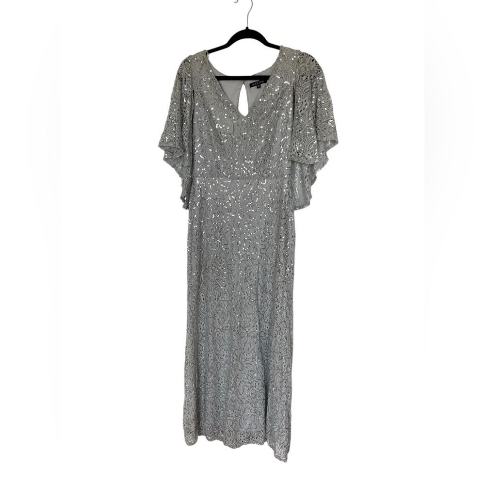 Marina Lace Sequin Butterfly Sleeve Dress Size 8 Silver Gray Formal Wedding